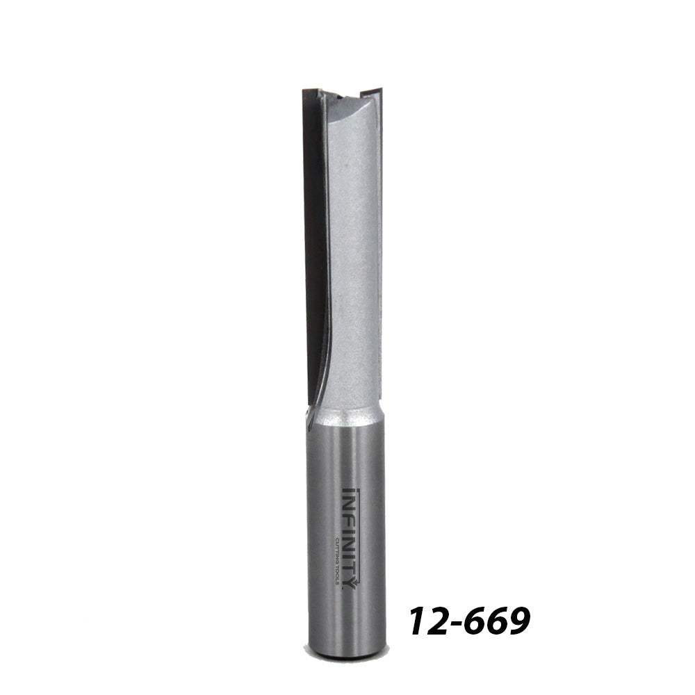 Straight router bit for woodworking, carbide tip, labeled 12-669, against white background.