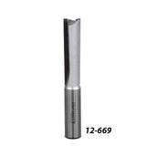 Straight router bit for woodworking, carbide tip, labeled 12-669, against white background.