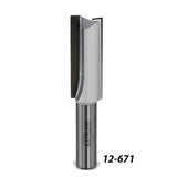Straight carbide router bit with two flutes and a silver finish, labeled 12-671.
