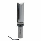 Carbide straight router bit with hex key for woodworking, isolated on white background.