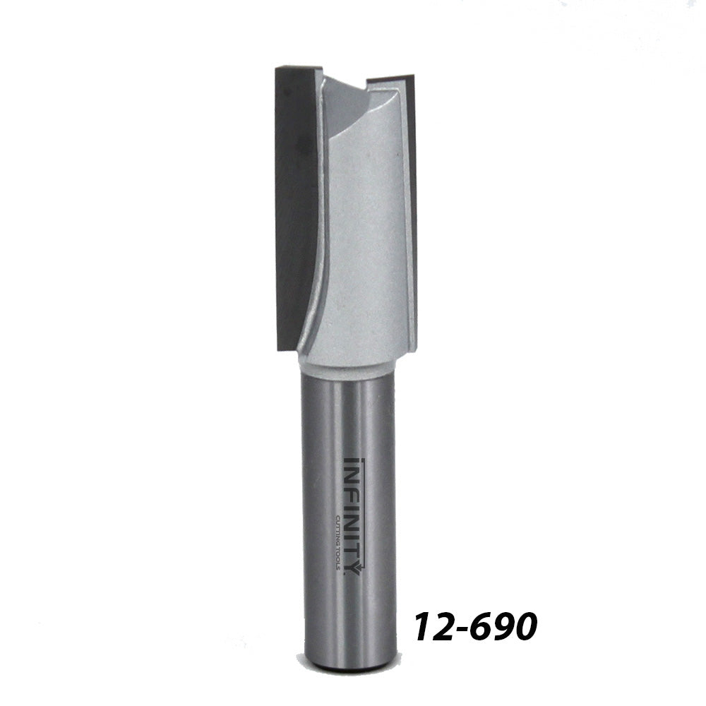 Straight carbide router bit with steel shank, labeled 12-690, for woodworking projects