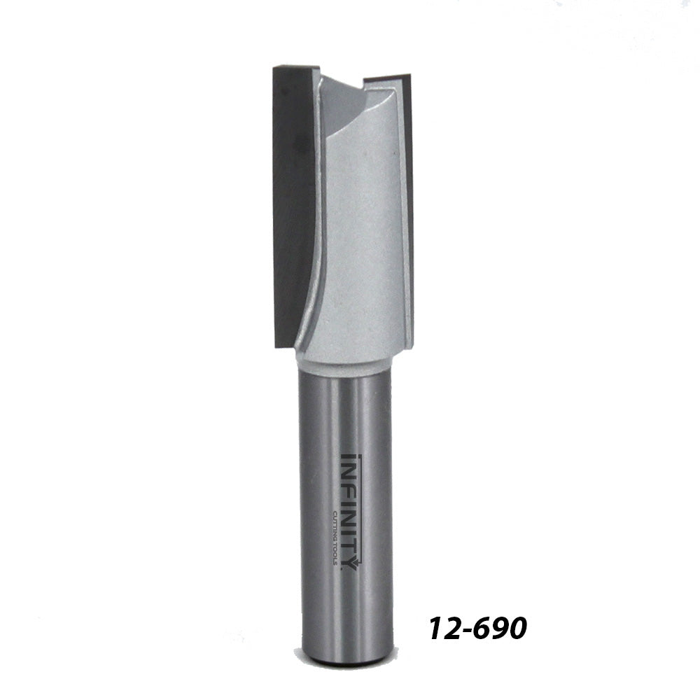 Carbide tipped straight router bit for woodworking, shown upright on white background.