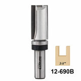 Straight router bit for woodworking with 3/4 inch cut, part number 12-690B, metal finish.