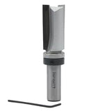 Carbide-tipped router bit with straight cutting edge and hex key for woodworking.