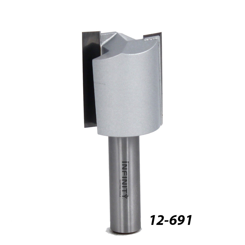 Straight router bit with sharp carbide cutting edges, product number 12-691, for woodworking