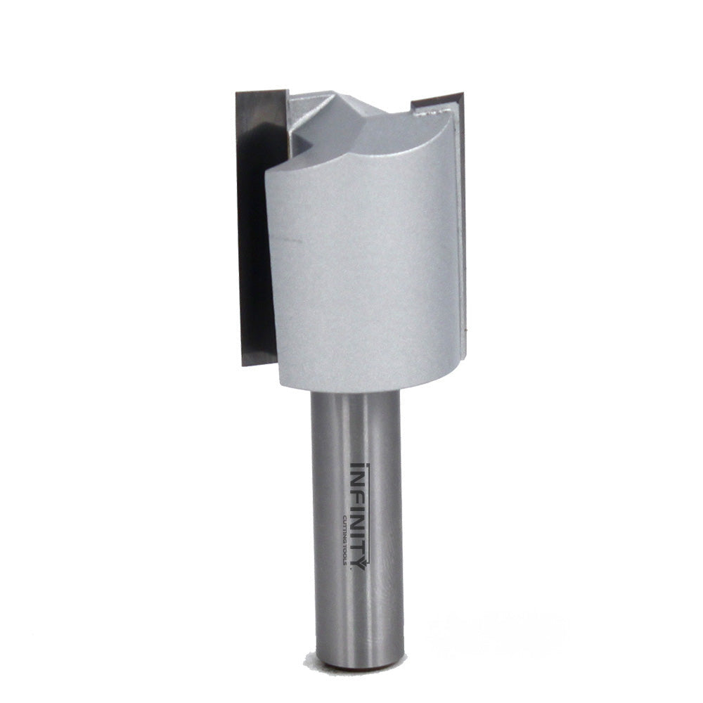 Carbide-tipped router bit for woodworking, silver finish, standing upright on white background