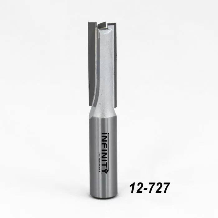 Straight router bit for woodworking, carbide-tipped with 12-727 model number, on white background.
