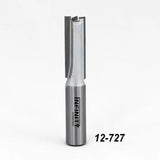 Straight router bit for woodworking, carbide-tipped with 12-727 model number, on white background.