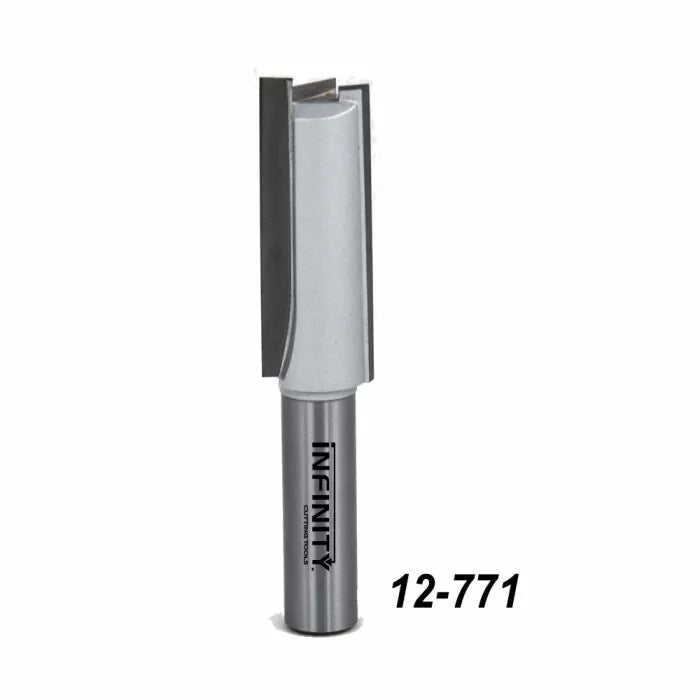 Straight carbide router bit with label 12-771 for woodworking, close-up on white background.