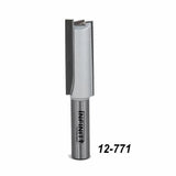 Straight carbide router bit with label 12-771 for woodworking, close-up on white background.