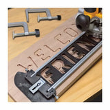Router letter template jig carving 'WELCOME FRIENDS' in wood for woodworking projects