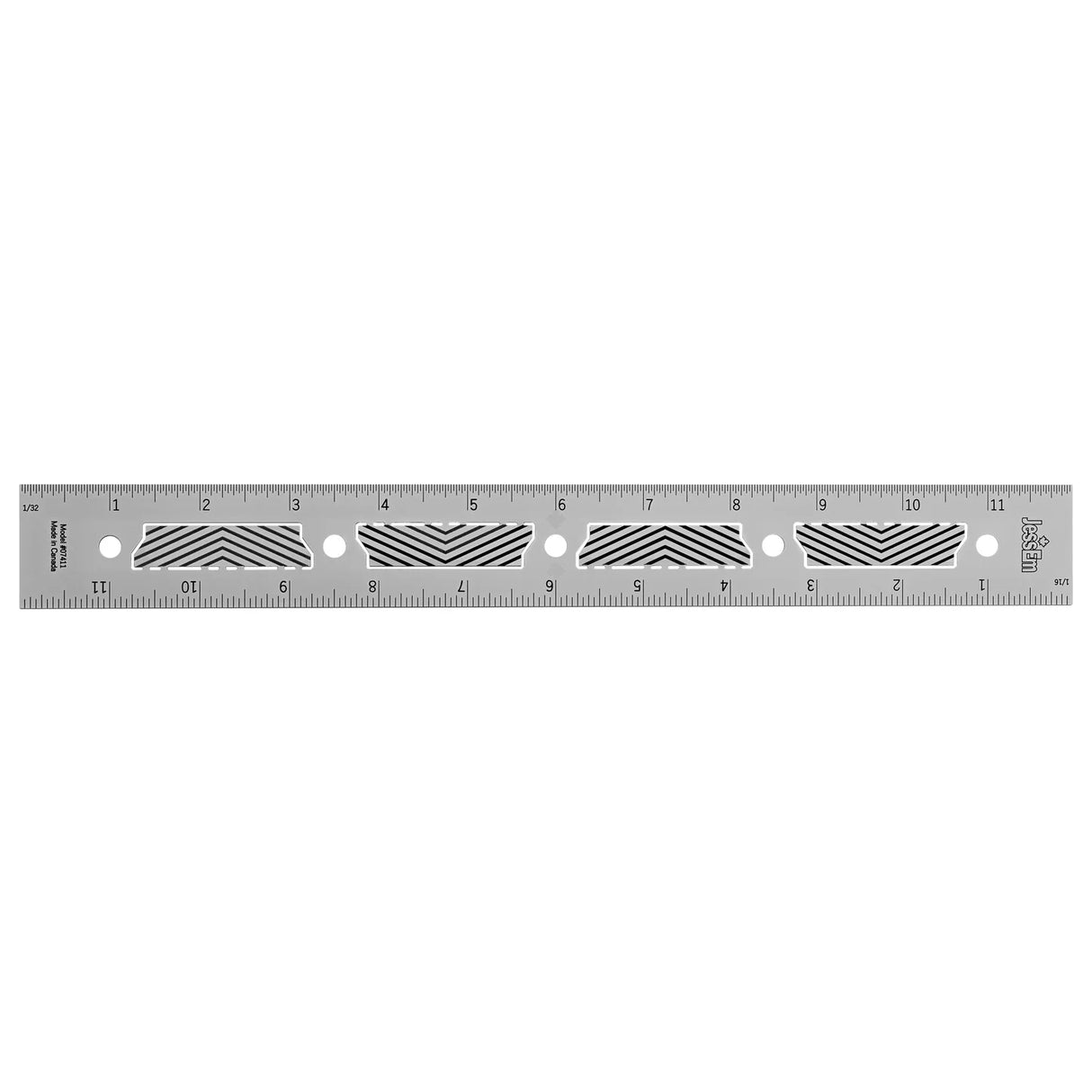 12 inch precision stainless steel ruler with etched markings and cutout patterns