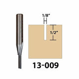 Straight router bit with 1/8 inch cutting width and 1/2 inch depth for woodworking.