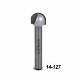 Round nose router bit with silver shank, labeled 14-127, for woodworking projects.