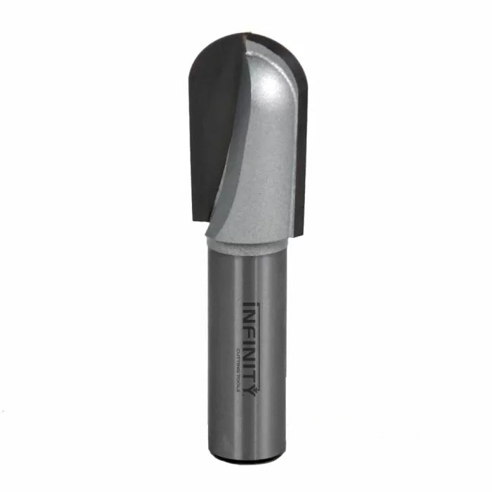 Round nose router bit with a silver carbide-tipped cutting edge for woodworking.