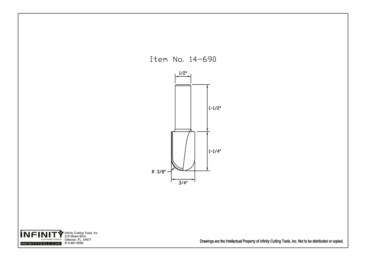 Technical drawing of a round nose router bit with dimensions, item 14-690.