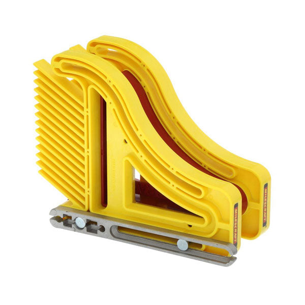 Yellow woodworking featherboard with adjustable metal base for table saw safety and control