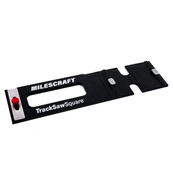 Milescraft TrackSawSquare woodworking track saw guide with red knob on white background