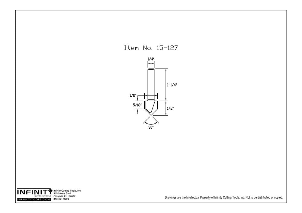Technical drawing of 90-degree router bit with dimensions for woodworking.