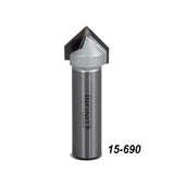 90 degree V-groove router bit for woodworking on white background, model number 15-690