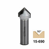 90 degree carbide V-groove router bit for woodworking, labeled 15-690, with cut diagram
