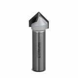 Carbide-tipped router bit with sharp V-groove, ideal for precise woodworking cuts.