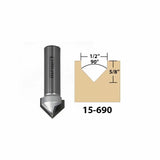 90 degree V-groove router bit with dimensions 1/2 inch wide by 5/8 inch deep, model 15-690