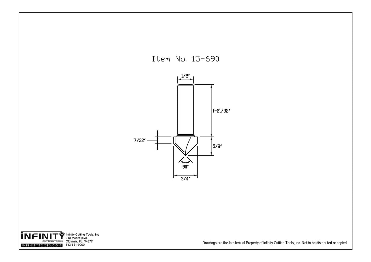 Technical drawing of 90 degree V-groove router bit with size dimensions labeled.