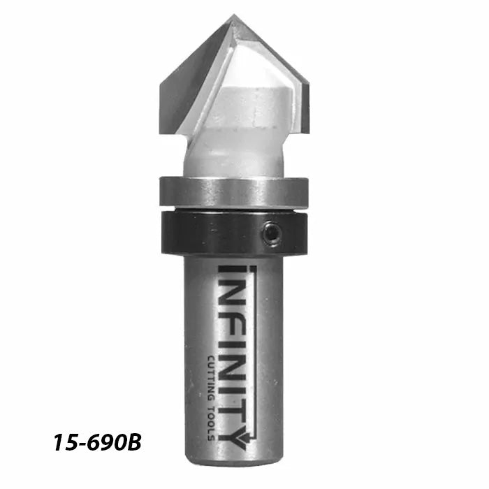 Carbide-tipped router bit with sharp angled tip, labeled 15-690B, for woodworking precision.