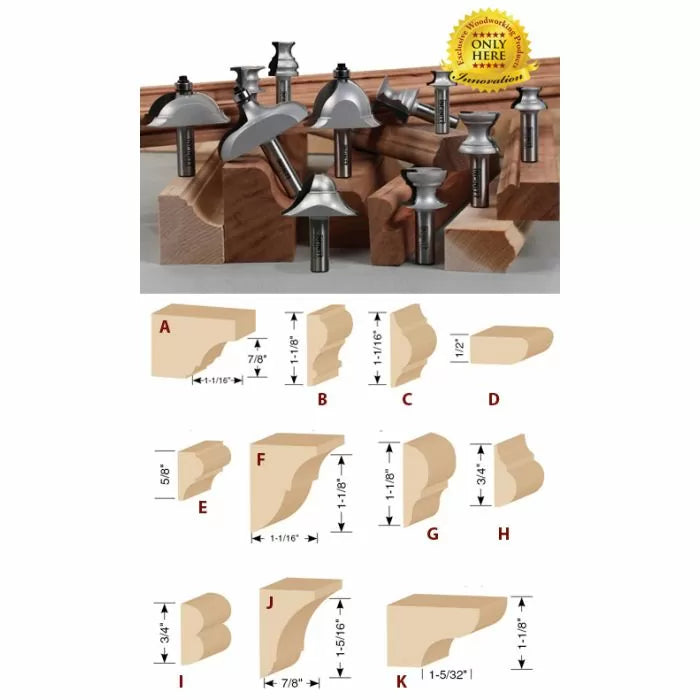 Woodworking router bits set with various edge profiles and sample cuts
