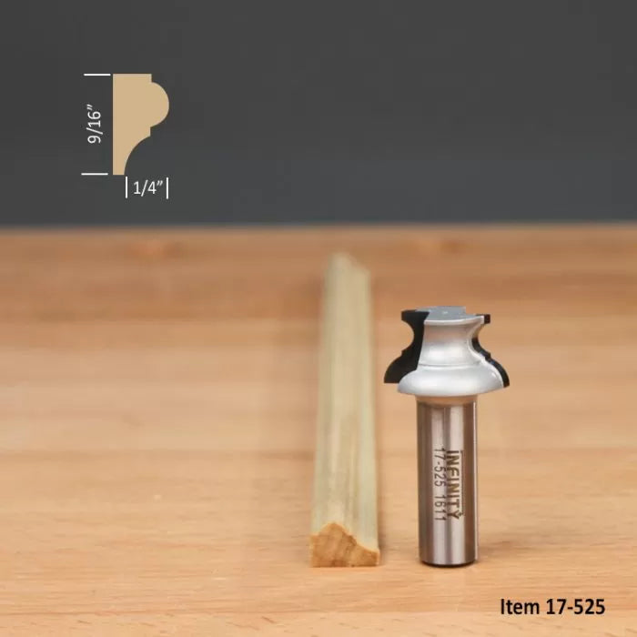 Woodworking round edge router bit with molding profile example, item 17-525, on table
