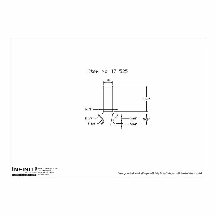 Router bit technical drawing with precise measurements, labeled as item 17-525