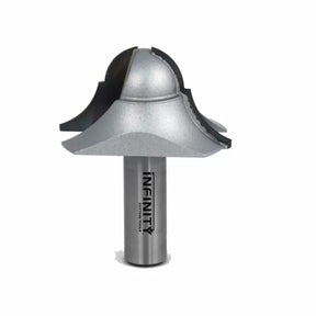 Large steel router bit with curved cutting edges for woodworking, isolated on white background