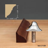 Crown molding router bit with wood profile sample, showing 15/16" by 1-1/8" dimensions