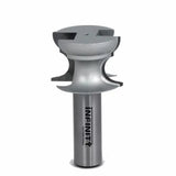 Carbide woodworking router bit with silver finish and double round-over cutting edges
