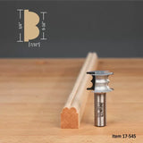 Woodworking router bit with decorative edge molding profile and measurement diagram