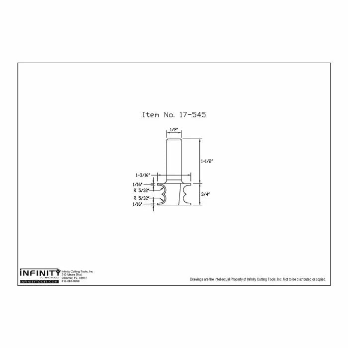 Technical drawing of router bit with dimensions, item number 17-545, woodworking tool diagram