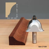 Crown molding router bit with sample wood profile and dimensions, woodworking tool.