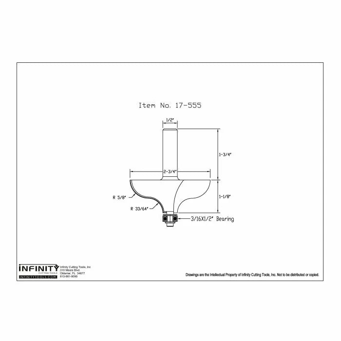 Router bit technical drawing with dimensions and bearing specifications, woodworking tool.