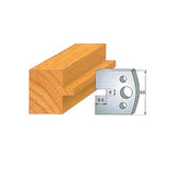 Woodworking profile cutter blade with groove measurements beside routed wood piece