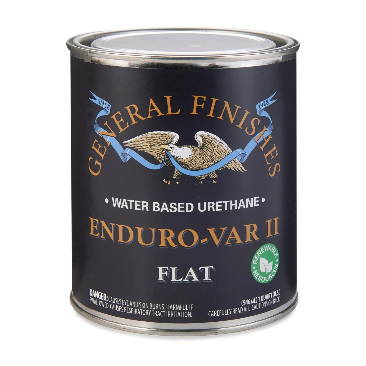 Can of General Finishes Enduro-VAR II water-based urethane on a white background
