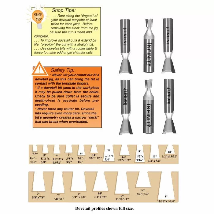 Dovetail router bits with labeled sizes and profiles for woodworking, safety and shop tips shown.