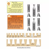 Dovetail router bits with labeled sizes and profiles for woodworking, safety and shop tips shown.