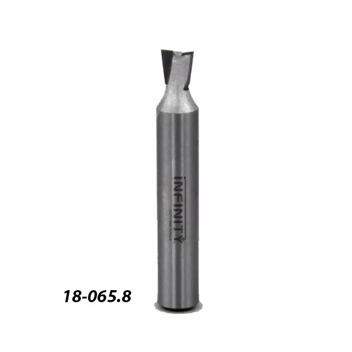 Dovetail router bit with steel body and cutting edge, labeled 18-065.8 on white background
