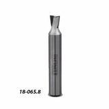 Dovetail router bit with steel body and cutting edge, labeled 18-065.8 on white background