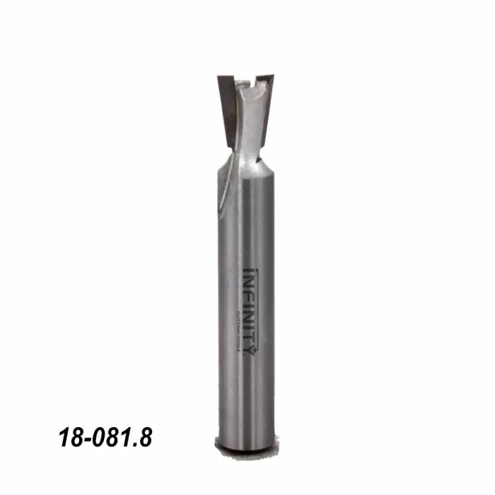 Dovetail router bit for woodworking, straight shank, labeled 18-081.8, isolated on white