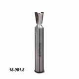 Dovetail router bit for woodworking, straight shank, labeled 18-081.8, isolated on white