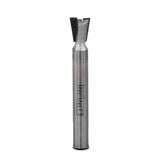 Dovetail router bit with carbide cutting edges for woodworking on white background