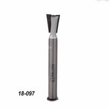Carbide-tipped dovetail router bit with metal shank for woodworking, labeled 18-097.