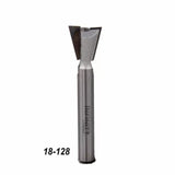 Dovetail router bit with sharp carbide tips for woodworking, product code 18-128.